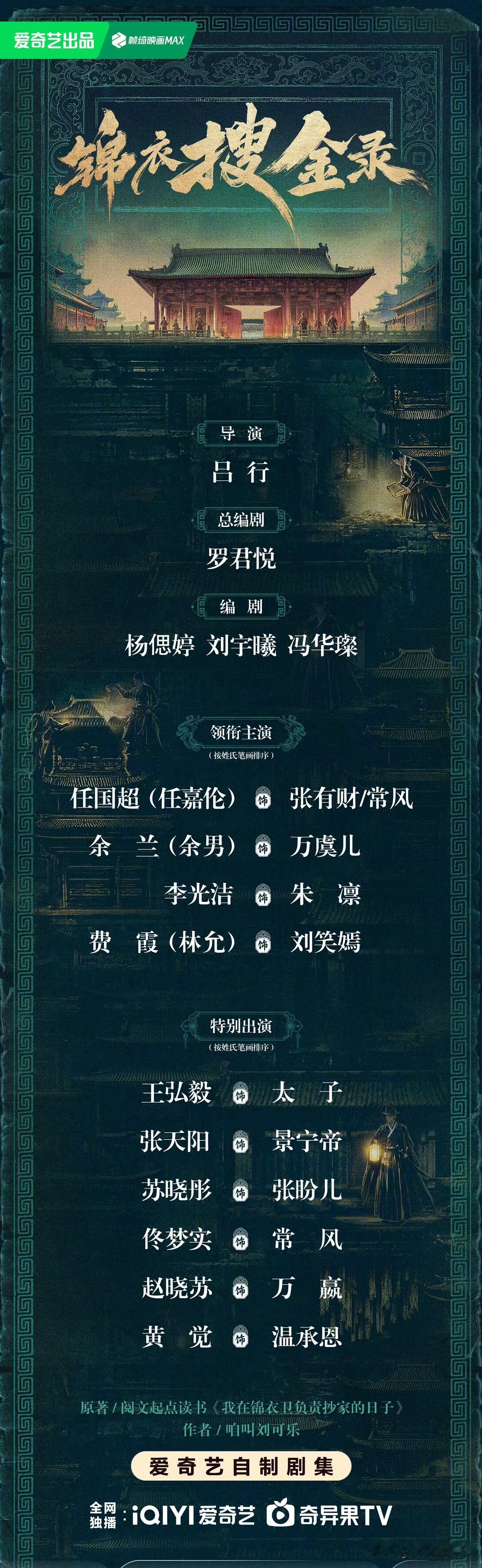 《锦衣搜金录》全阵容官宣，开机！

古装剧《锦衣搜金录》今日开机并官宣主演阵容，爱奇艺全网独播！任嘉伦、余男、李光洁、林允、王弘毅、张天阳、苏晓彤、佟梦实、赵晓苏、黄觉等主演！ 
该剧讲述了罪臣之子虚构身份，顶替锦衣卫暗桩，卷入贵妃与太子两党斗争，凭着一身“抄家”本事，一路查抄贪官、权贵。一面是随时