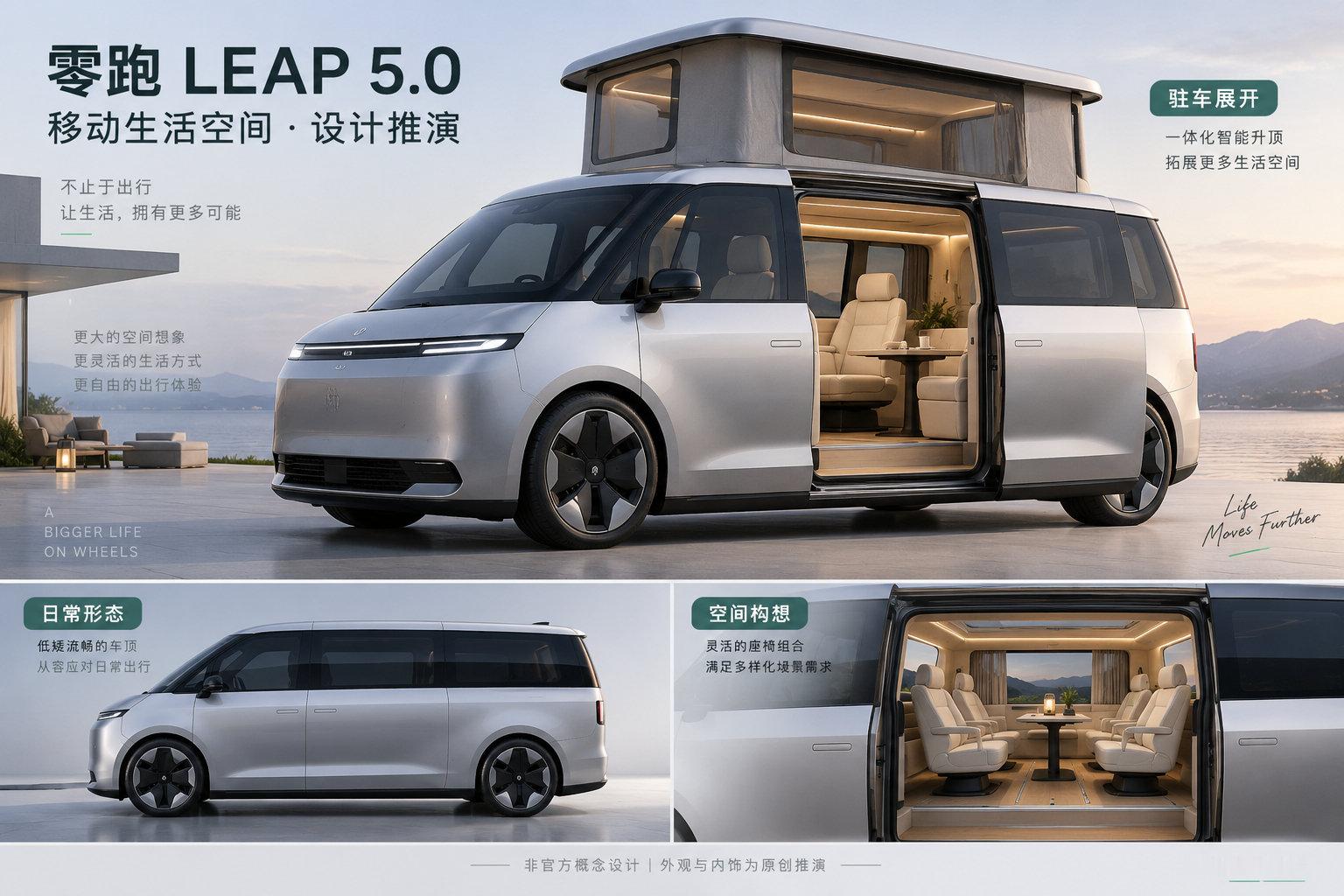 用AI给零跑全新5.0架构做了一张概念设计图，看着还真不错，露营神车。​