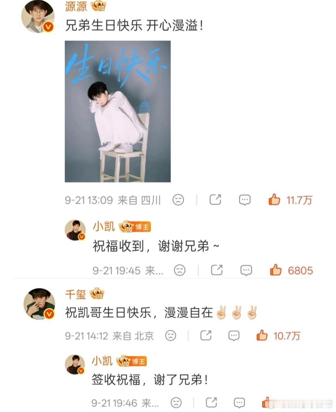 王俊凯27岁生日当天，王源与易烊千玺延续13年传统，通过一前一后的评论时间巧妙拼出“1314”祝福密码，再次证明了三人未因各自发展而疏远的兄弟情谊。  一、卡点祝福构成“1314”浪漫暗号- 时间拼接