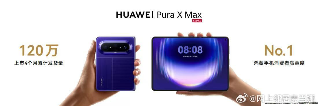 #华为PuraXMax出货量破百万# 这波华为Pura X Max上市4个月发货量已经达到120万台，平均下来每天约1万台，在颜色方面的选择也扩充至七种，妥妥的整体大焕新！9月7日18:08正式开启预售！#华为PuraXMax全新配色开启预售# ​