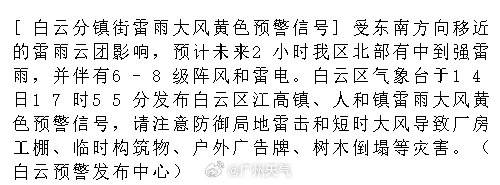 [白云分镇街雷雨大风黄色预警信号]受东南方向移近的雷雨云团影响，预计未...
