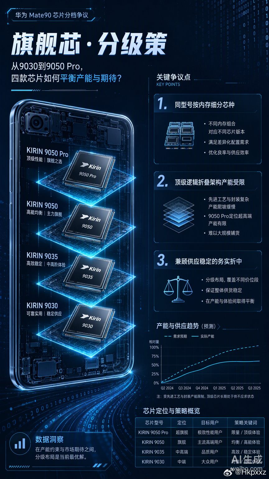 华为Mate90这次全系搭载四款麒麟芯片的操作，确实把“刀法”玩到了新高度。从标准版的9030到顶配RS非凡大师的9050 Pro，甚至同一款Pro Max还要按12G和16G内存来区分芯种，这种精细分级让不少冲着旗舰名头去的用户感到有些错愕。

大家吐槽的点其实很明确：在高端旗舰的语境里，消费者期待的是“一步到 ​