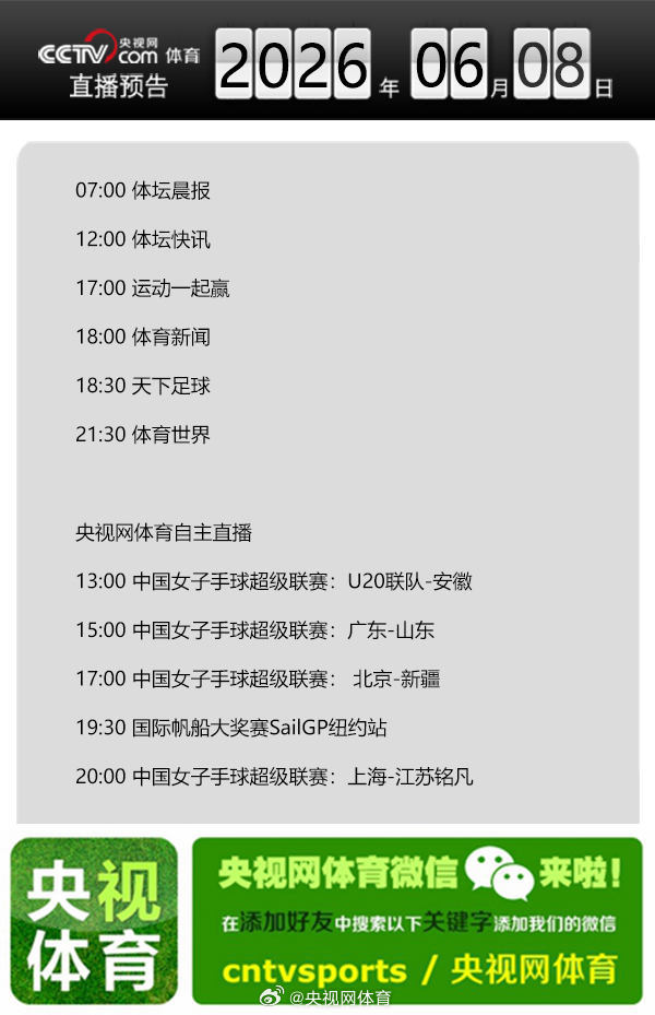 【央视网体育6月8日直播预告】07:00 体坛晨报；12:00 体坛快...