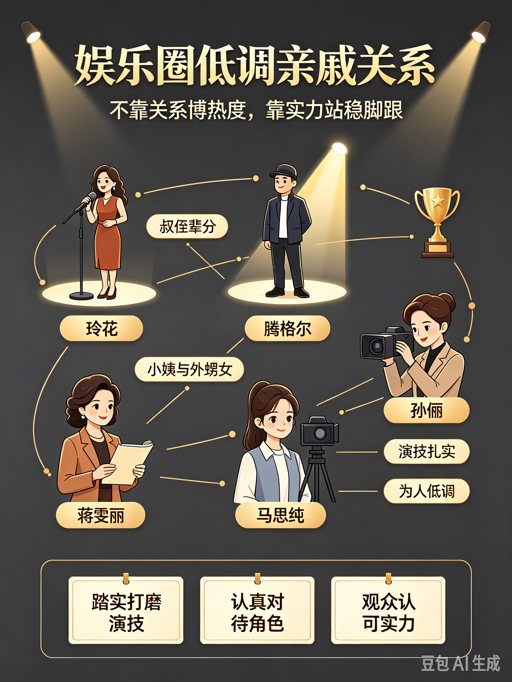 娱乐圈藏着不少不为人知的亲戚关系，不少艺人不靠家里熟人铺路，全靠自身打拼，在行业闯出属于自己的位置，孙俪就是其中代表，演技扎实，平时行事低调，很少制造话题博取关注。玲花跟腾格尔是叔侄辈分，蒋雯丽是马思纯的小姨，几组关系，很多普通观众之前完全不知情。
 
这些艺人，大多各忙各的事业，很少主动对外提起这