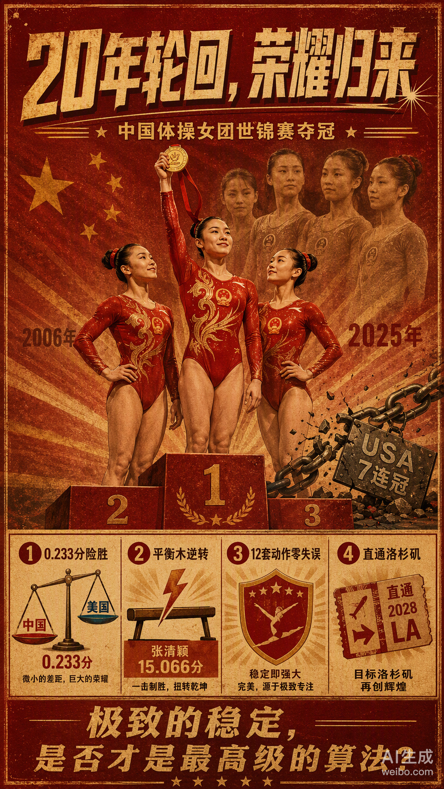 #中国体操女团时隔20年夺冠#跳马开局落后，高低杠稳住阵脚，真正的转折点发生在平衡木。张清颖那套15.066分的动作，直接扭转了局势。最绝的是最后的自由操，在全场压力下，#中国体操女团动作12套全顺# 零失误。没有花哨的炫技，也没有情绪化的波动，就是精准、克制地执行完每一个指令。
在这个追求极限 ​