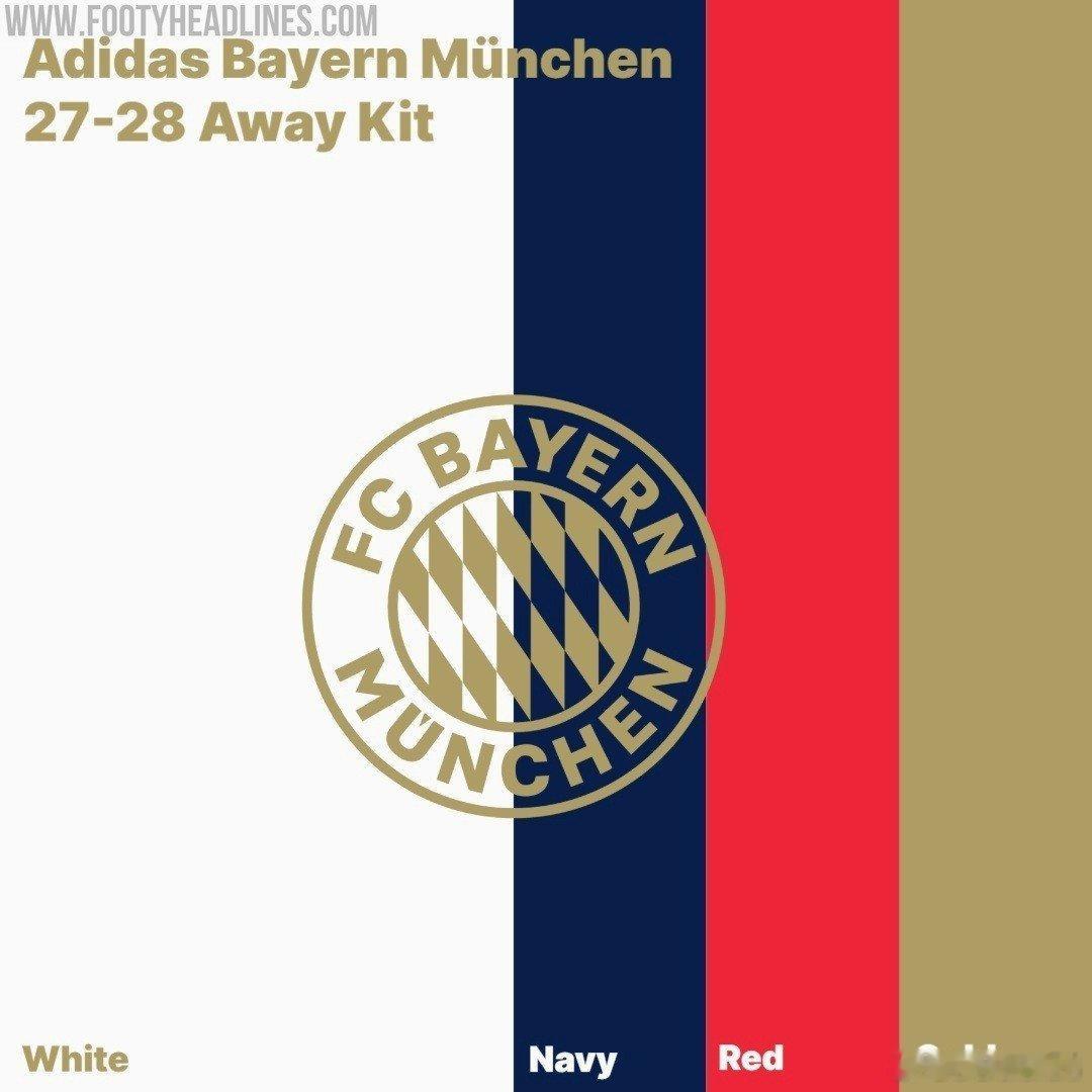 🚨［Footy  Headlines］提前預測拜仁慕尼黑2027/28賽季客場球衣的風格。

球衣將以白色為主色調，輔以紅色、金色和海軍藍細節，預計還會包含細條紋設計⚪️🔴🟡🔵🇩🇪 ​