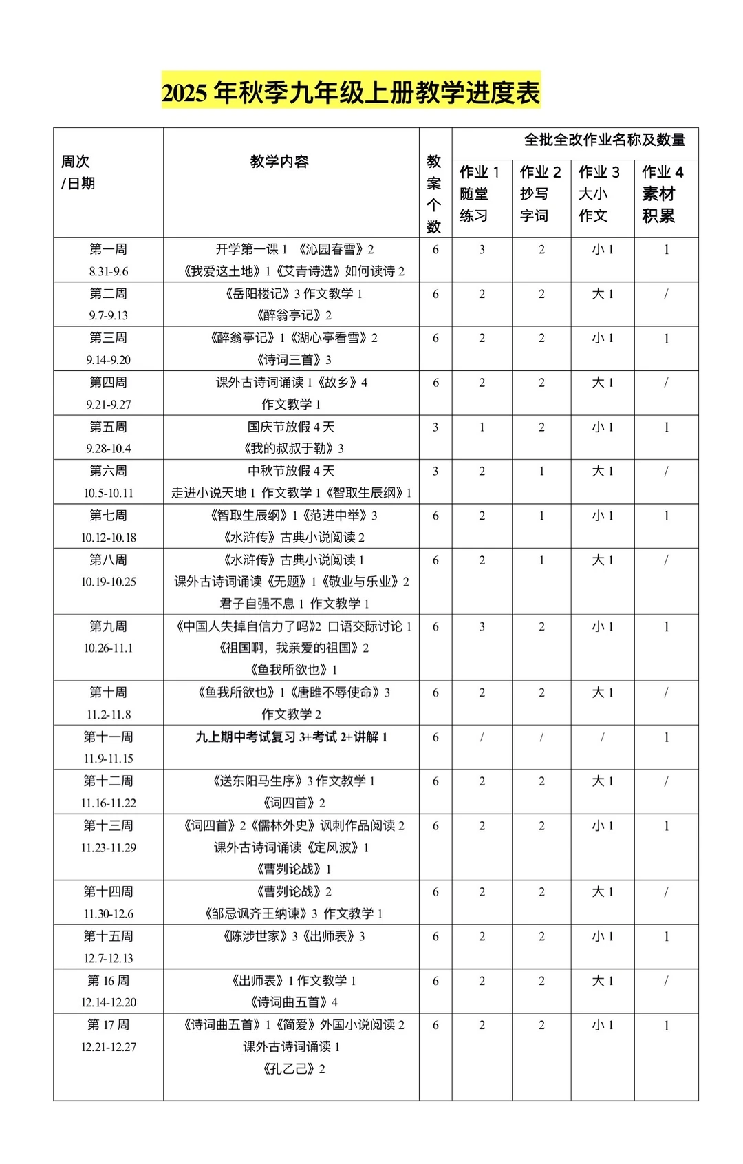 2025年秋季九年级上学期教学进度表