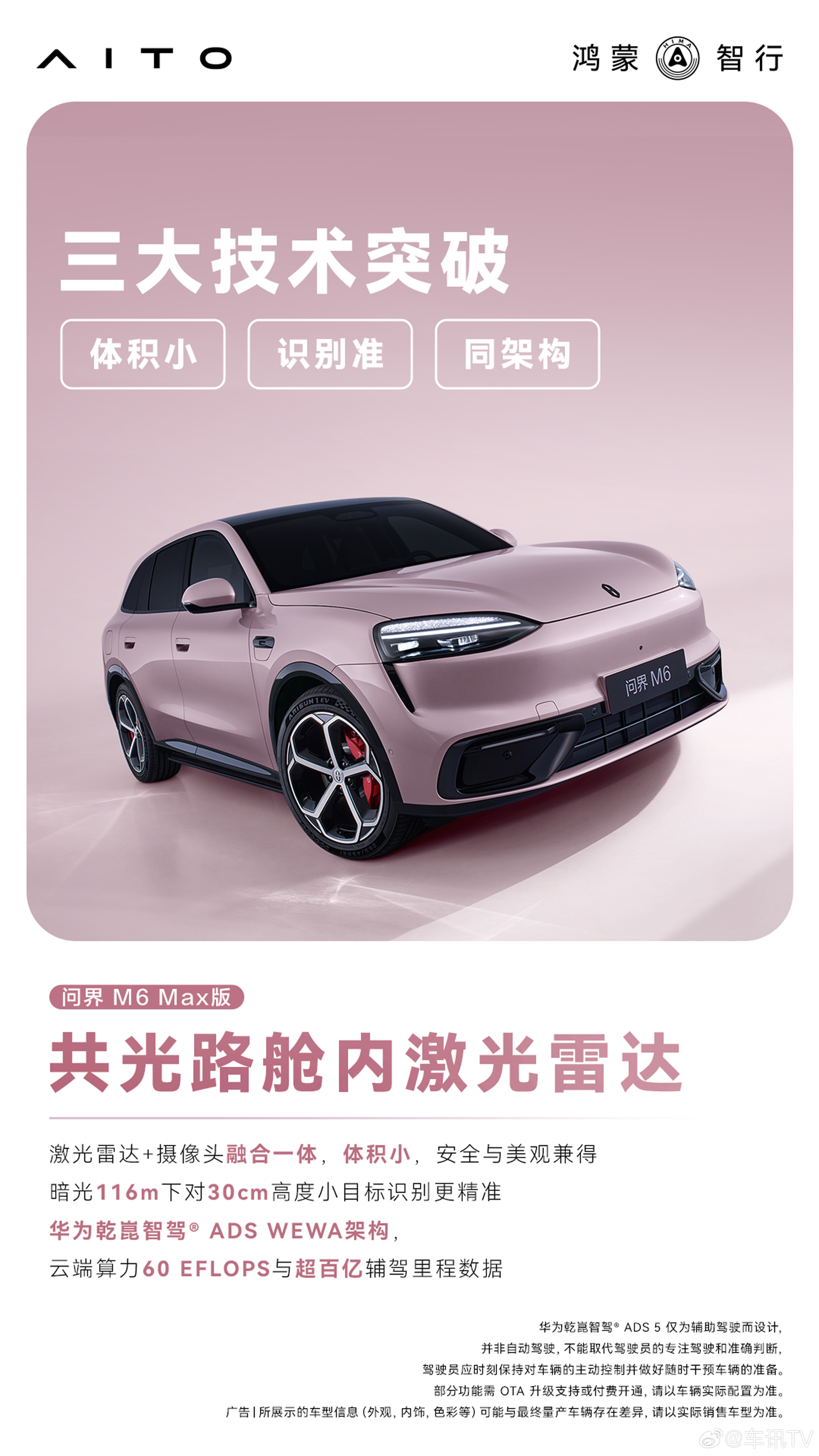 #问界M6共光路舱内激光雷达体验# 问界M6搭载华为乾崑智驾ADS 5增强版，首创共光路舱内激光雷达，将激光雷达与摄像头融合一体，布置于挡风玻璃内侧，体积小巧、不易脏污。依托共光路“一镜双模”光学架构，实现激光点云与视觉图像0时差物理融合，媲美行业主流高规格激光雷达，暗光116m下对30cm小目标障 ​