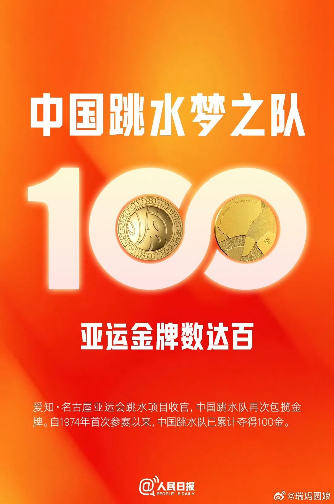 #中国跳水队亚运99金#永远可以相信梦之队！一开赛就觉得金牌🥇稳了稳了[鼓掌][哈哈]
这不，陈艺文拿到亚运的第99金后，紧接着练俊杰就在男子10米跳台比赛中获得第100金！太令人振奋了！
恭喜中国跳水队🎉 ​