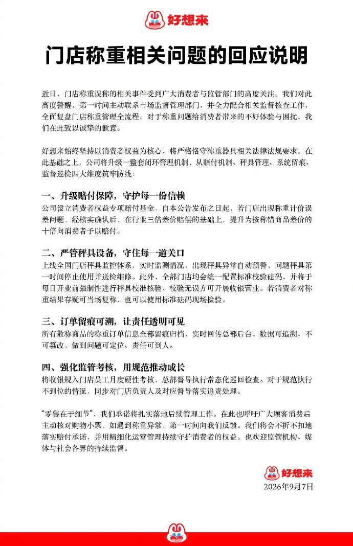 【#多地严查后好想来赵一鸣致歉#】#好想来致歉# 据中国新闻社，9月7日，鸣鸣很忙就近期门店称重问题作出正式回应。集团旗下“零食很忙”“赵一鸣零食”宣布：成立专项基金先行赔付，自2026年9月7日起，门店出现称重问题时，在行业三倍差价赔偿基础上，进一步提高赔付标准，按称错商品差价的十倍赔付； ​