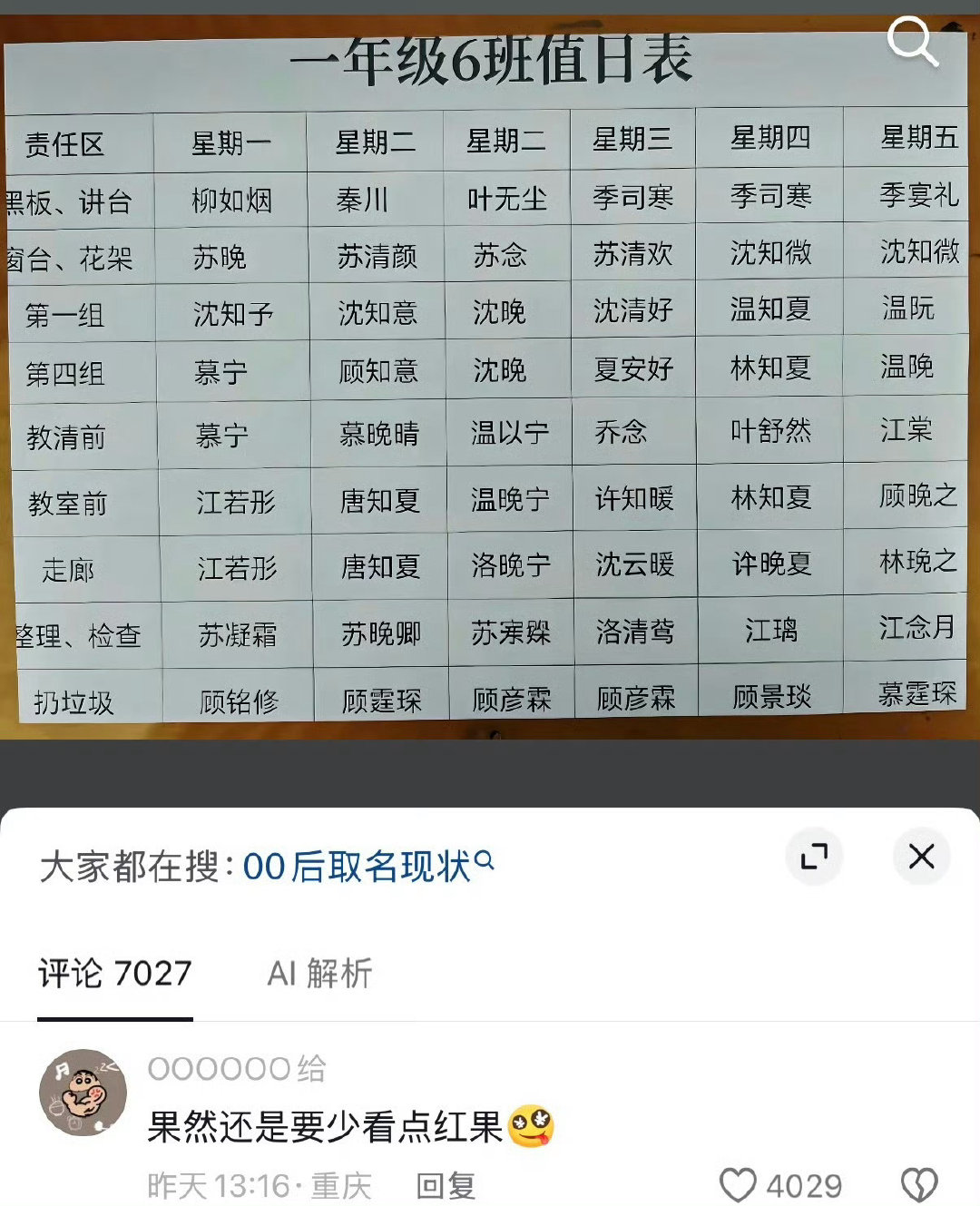 #老师念一年级值日表名字脚抠地# 感觉是自己编的，没一个李张王刘，全是些古装剧名字 ​