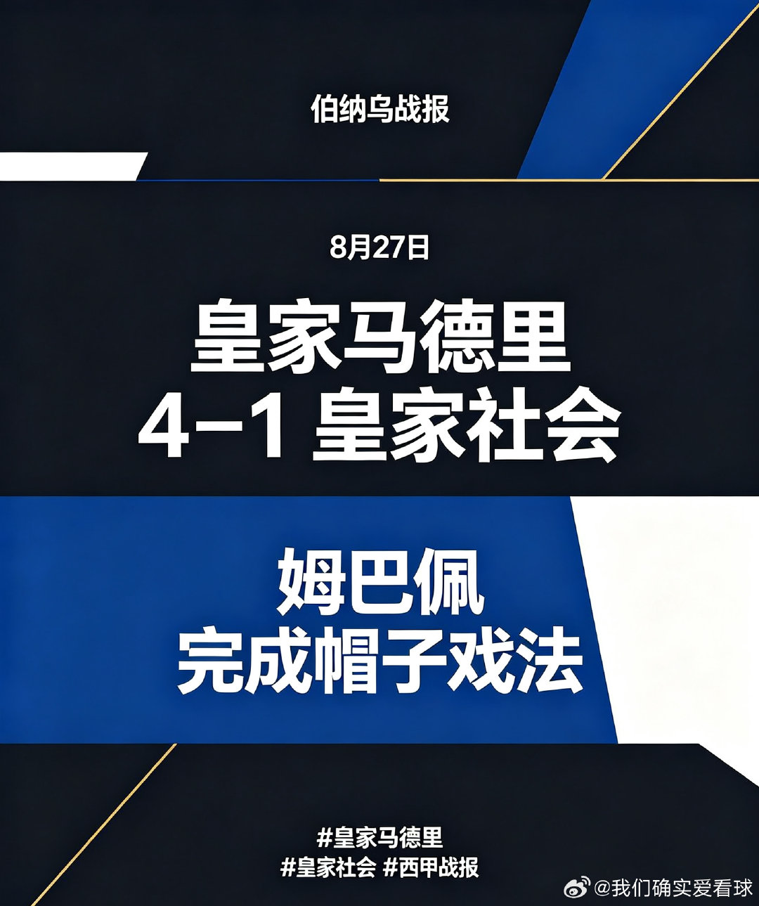 王者归来！皇家马德里4‑1击溃皇家社会，姆巴佩上演精彩帽子戏法，新赛季主场交出完美答卷。
#皇家马德里 #皇家社会 #西甲战报 ​