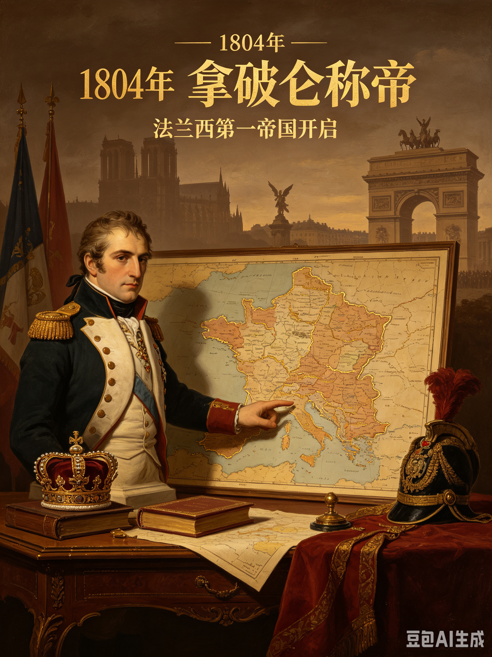 🌵🌵🌵1804年拿破仑正式称帝！法兰西第一帝国诞生，改写欧洲历史
 
很多人都熟悉拿破仑，却不知道他真正登顶巅峰的关键年份，就是1804年。这一年，拿破仑正式加冕称帝，法兰西第一帝国正式建立，彻底改变了法国乃至整个欧洲的格局。
 
在此之前，法国经历大革命动荡，政局混乱、战乱不断。而拿破仑凭借超强的