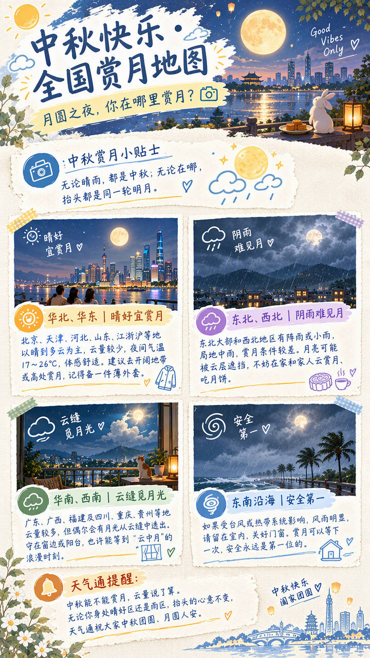 【秋光正好·双节同行】Day 1｜中秋快乐 · 全国赏月地图

月圆之夜，你在哪里抬头看月亮？🌕#今年中秋哪里最适合赏月# 

今年中秋，全国赏月天气各不相同——华北、华东晴好在线，北京、天津、河北、山东、江浙沪等地云量较少，夜间气温 17～26℃，体感刚刚好，建议去开阔地带或高处赏月，记得备一件薄外套。东北、西北则阴雨难见月，局地还有中雨，不如在家和家人吃月饼、云赏月。华南、西南云量较多，但偶尔会有月光从云缝中透出，守在窗边也许能等到浪漫的“云中月”。东南沿海若受台风或热带系统影响，风雨明显，请留在室内，关好门窗。

无论晴雨，都是中秋；无论在哪，抬头都是同一轮明月。今晚你那里能看到月亮吗？来评论区晒晒家乡的月亮👇 #假期每一程都有天气通# #秋分之后冷暖不只看气温#

中秋赏月小贴士：云量说了算，心意最圆满。祝大家中秋团圆、月圆人安，记得打开天气通查看实时云量预报，天气通陪你赏月。