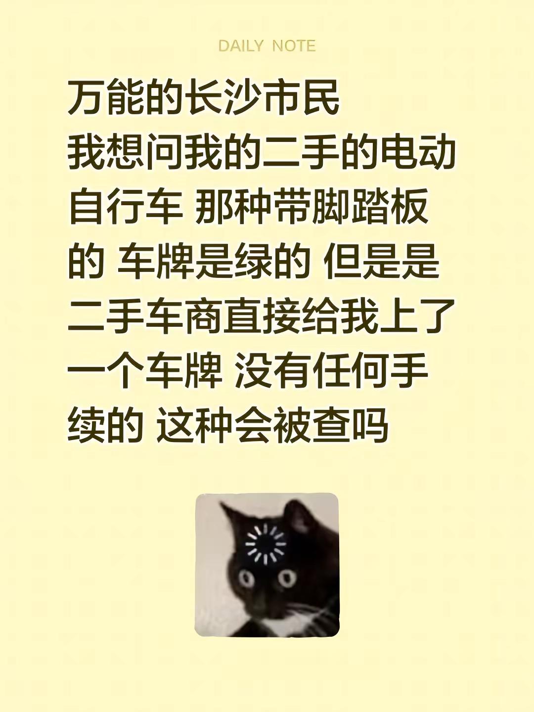 万能的长沙市民我想问我的二手的电动自行车 那种带脚踏板的 车牌是绿的 但是是二手车商直接给我上了一个车牌 没有任何手续的 这种会被查吗