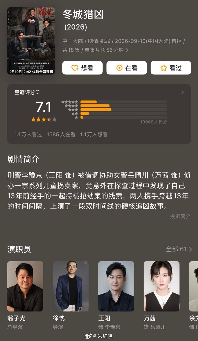刘学义、谭松韵《兰香如故》豆瓣开分7.5
王阳、万茜《冬城猎凶》豆瓣开分7.1
王子奇、关晓彤《生逢其时》豆瓣开分6.2
刘些宁、魏哲鸣《飞到我心上》豆瓣开分6.0
许凯、周也《一瓯春》豆瓣开分5.4 ​