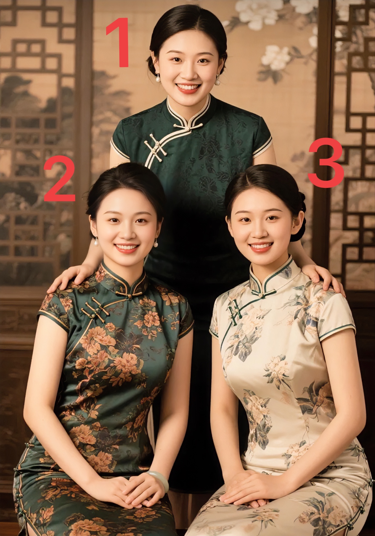 三位穿着旗袍的女士站在一起。  谁更美！