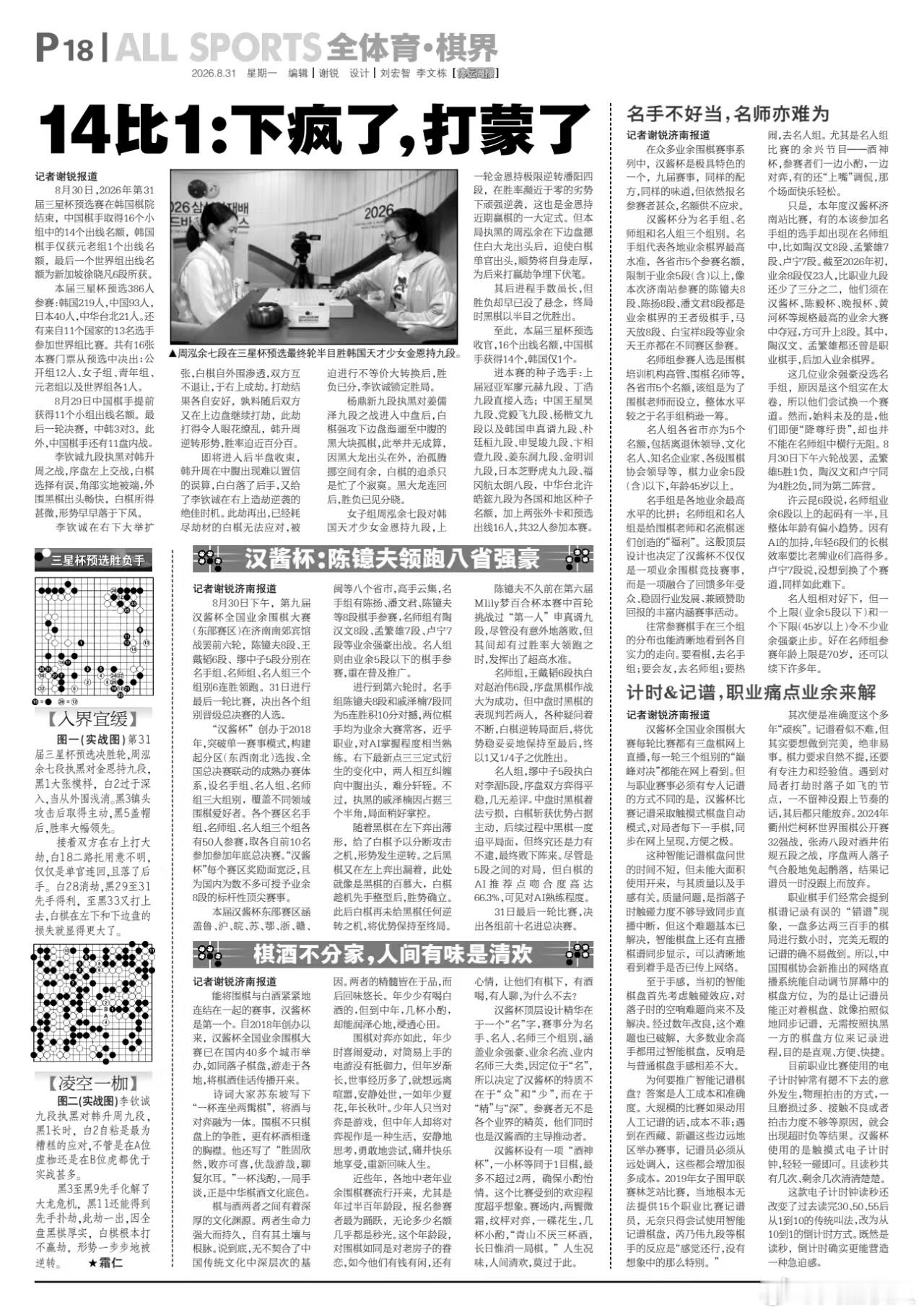 今天出版的体坛周报A18棋牌专版：1，三星杯预选中国棋手获得14个出线名额，空前大捷；2，三星杯预选胜负手：周泓余VS金恩持，李钦诚VS韩升周；3，汉酱杯：陈镱夫领跑八省强豪；4，述评：棋酒不分家，人间有味是清欢；5，现场：名手不好当，名师亦难为；6，特写：计时&记谱，职业痛点业余来解。  ​