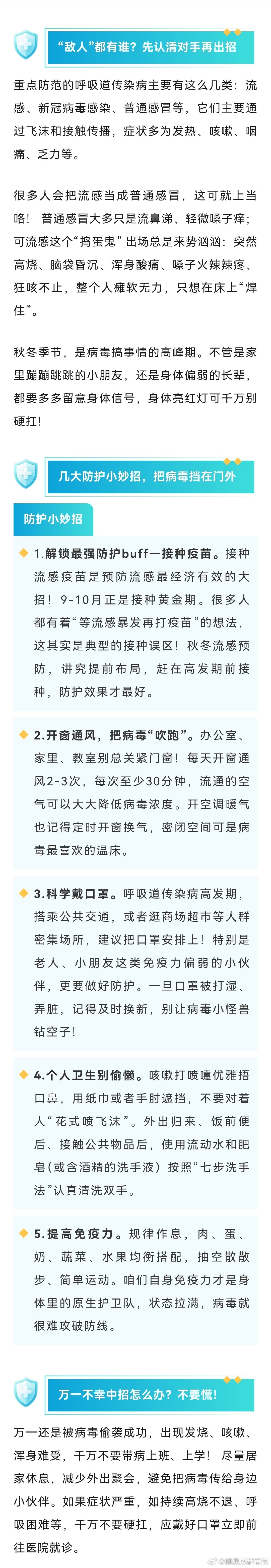 #听医者说#【换季降温，警惕流感 “乘虚而入”[惊恐]】#你的健康我守护# 最近换季降温，你是不是也发现：地铁上、办公室里，咳嗽和喷嚏声突然多了起来？刚下班挤完地铁，进家门，鼻子一痒——啊嚏！千万别慌。换季降温，本来就是流感等呼吸道传染病“爱凑热闹”的时候。通勤人挤人、熬夜加班作息乱，再加上早晚温差大，免疫力一掉线，病毒就想乘虚而入。这份轻松好记的防病指南，请速速码住[心] #流感季全家防护指南#