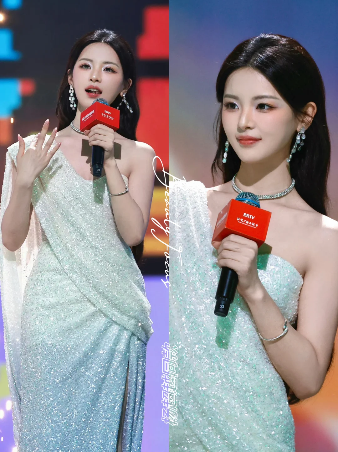 杨超越丨闪钻渐变斜肩礼裙✨