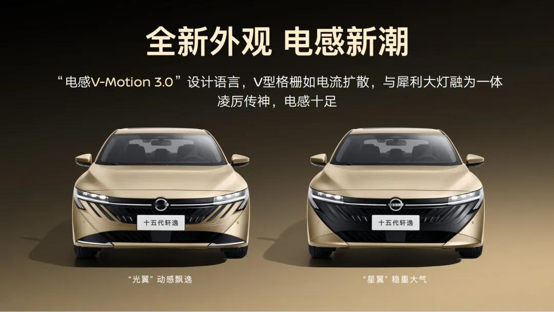 整体变化非常大，告别14代偏柔和居家的风格，用上电感V‑Motion3.0设计，最大亮点是提供光翼、星翼两套前脸可以选：
光翼版：格栅线条凌厉，獠牙日行灯，风格动感年轻，更讨年轻人喜欢。
星翼版：格栅横向元素更多，稳重收敛，适合偏向