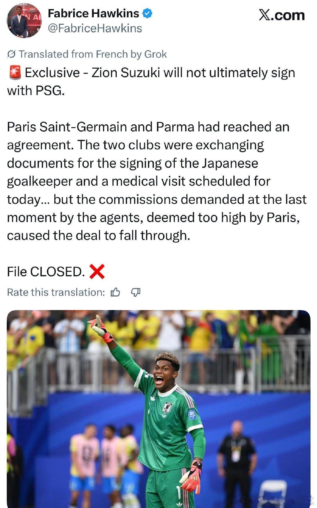 铃木彩艳去巴黎圣日耳曼的转会谈崩了，此前双方都交换文件今天安排体检了...