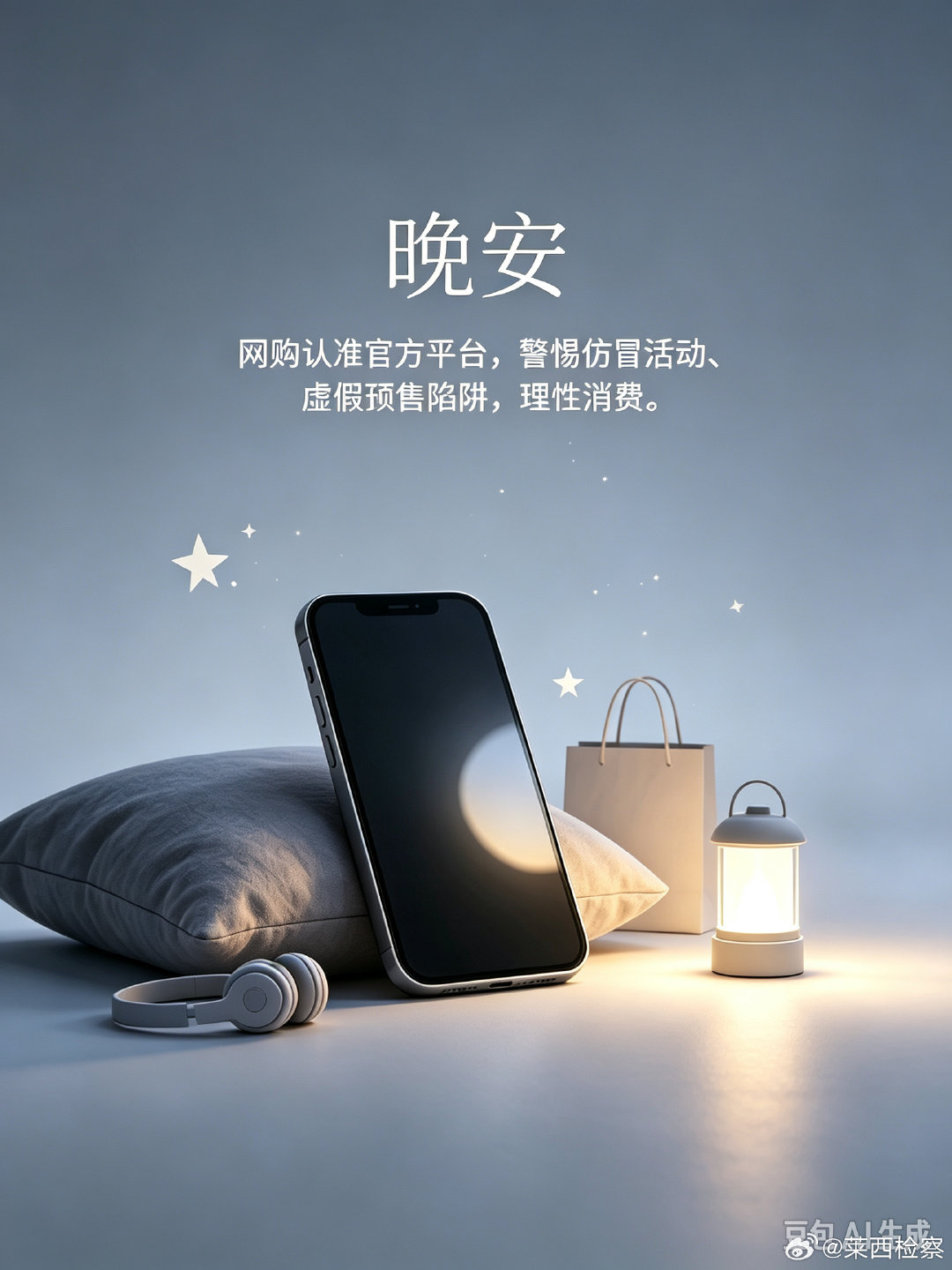 #晚安[超话]##检护朝夕# 检小莱提醒大家，网购认准官方平台，警惕仿冒活动、虚假预售陷阱，理性消费。
夜色渐深，养足精神，晚安🌙
#沈腾马丽新合作明天京东上线##11.11上京东抢华为大额券再叠补贴# ​