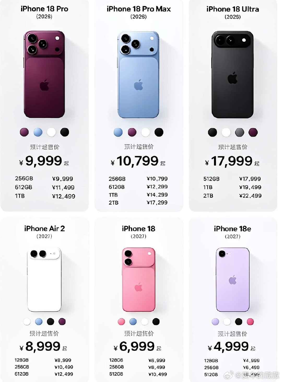 #iphone18pro 配色# 
iPhone18配色爆料！爆料仅供参考，一切等发布会实机，选色最怕就是戴壳直接白瞎新颜色[泪奔][泪奔]大家比较喜欢哪款颜色呢？评论区聊聊[坏笑] ​