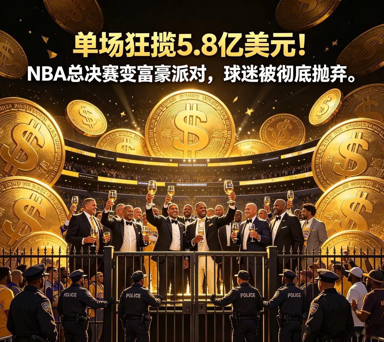 单场狂揽5.8亿美元！NBA总决赛变富豪派对，球迷被彻底抛弃。  一张...