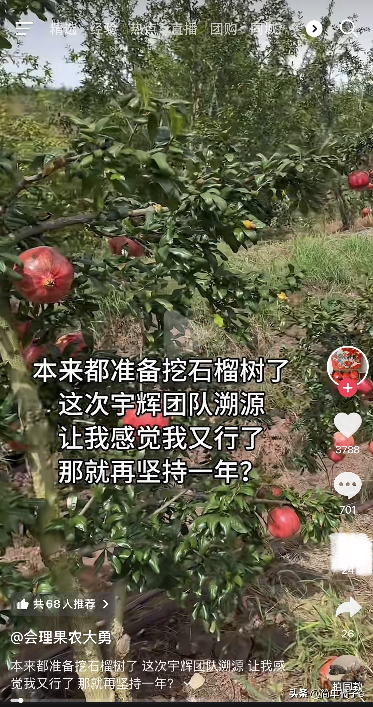董宇辉卖石榴的会理果农发视频说的好心酸，他说都准备要把石榴树挖了，宇辉去了，感觉又行了，再坚持一年……宇辉知道果农的不易，所以他宁愿放弃上海的家博会，也要去会理溯源🥹

网友们：

二道贩子不是挣不到钱，是卖不动了，市场上假货太多，消费者已经不敢买了，是与辉同行又让消费者相信会理石榴是好果了

果农