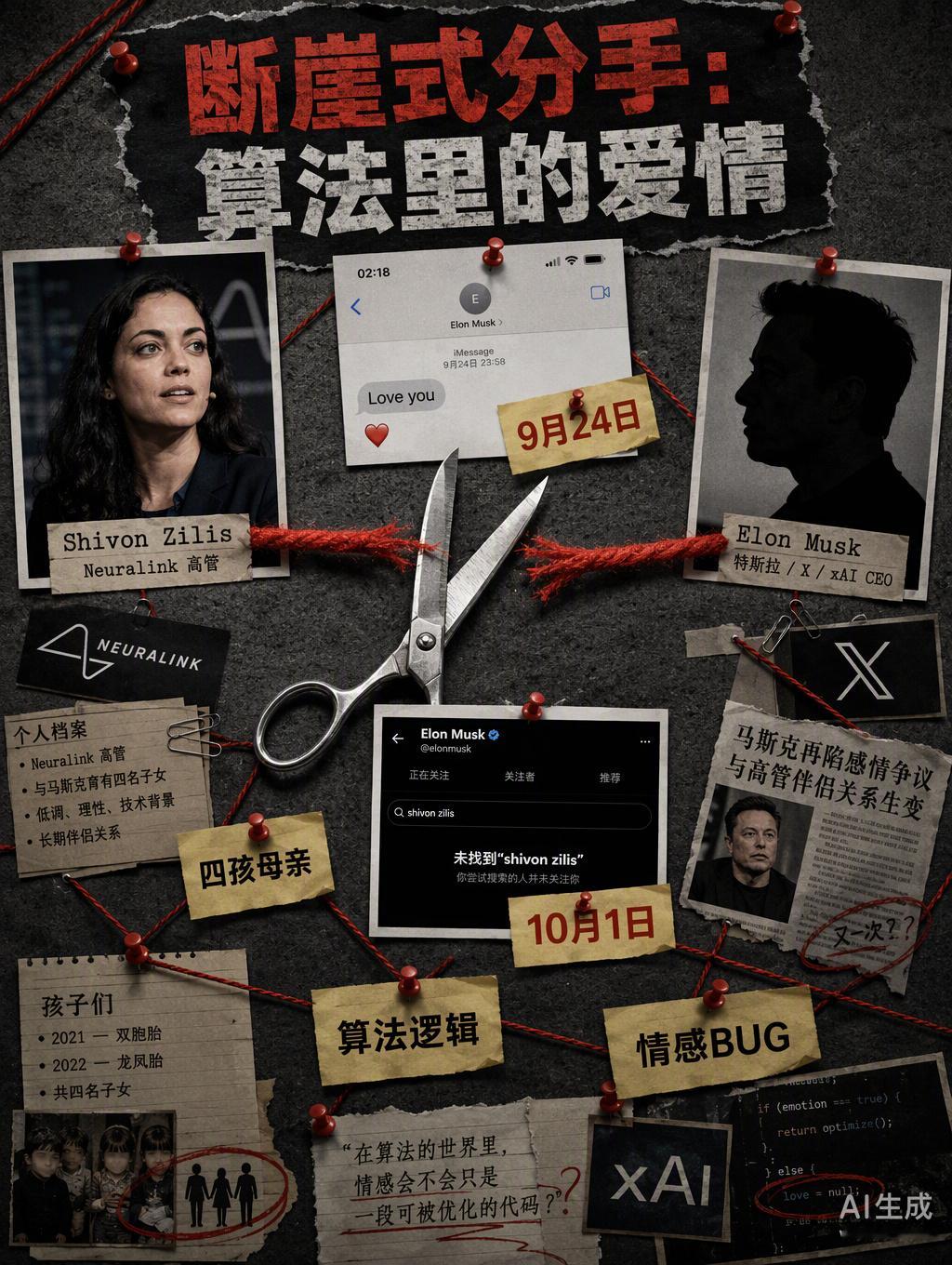 马斯克这种“断崖式分手”太有他的个人风格了。一周前还在短信里互道爱意，转头就取关拉黑，这效率比OTA升级还快。

作为Neuralink的高管，Shivon Zilis大概是把这段关系当成了另一个需要攻克的“特别项目”。但在马斯克的算法里，一旦情感模块出现了不可控的变量，或者有了更优的算力分配方案，系统就 ​