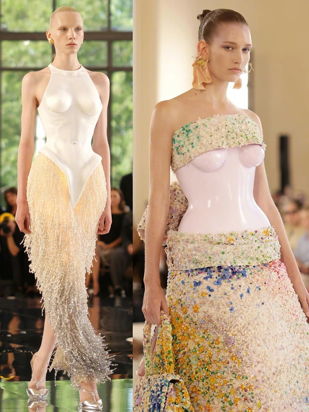 大秀直击 巴黎高定时装周启幕Schiaparelli 携THE ABYSS 秋冬高定系列率先登场，全新系列以 THE ABYSS 深渊为内核。创意总监 Daniel Roseberry革新高定面料体系，以黏土雕塑搭配硅胶浇筑工艺，塑造无分割一体式廓形。服饰与人体轮廓完美相融，海洋生物装饰依附表层生长，消解服装与躯体的边界，以行走的艺术雕塑，诉说肉身与灵魂的艺术命题。巴黎高定时装周