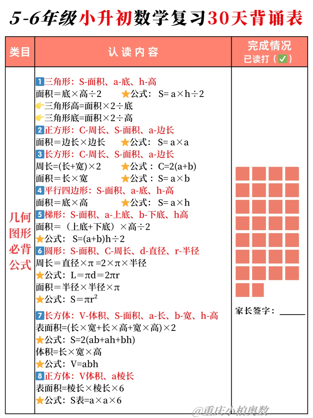 5-6年级升学备考：数学基础知识30天背诵表