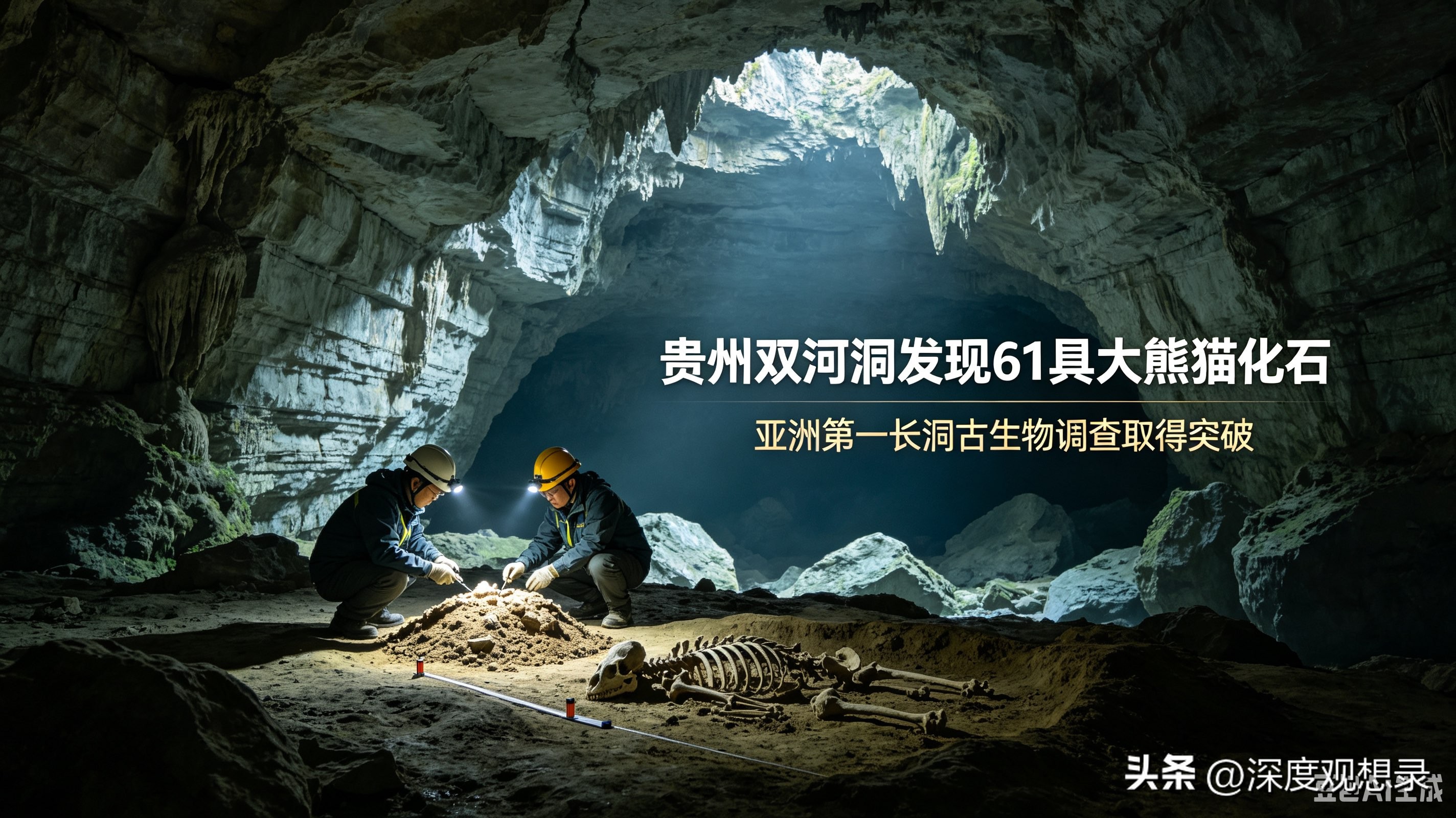 亚洲第一长洞——贵州绥阳双河洞，古生物科考爆出重大成果！第25次国际洞穴科考发布会公布，洞内累计发现大熊猫个体化石多达61具。

双河洞，号称亚洲第一长洞，庞大的洞穴网络藏着无数远古秘密。这次科考团队在洞穴地层里持续发掘，收集到大量大熊猫骨骼化石，统计确认个体数量达到61只。

为什么大量化石会集中