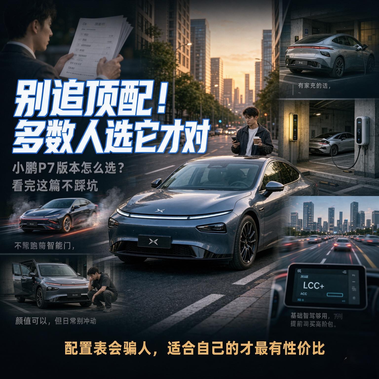 聊小鹏P7，很多人第一反应是：“续航长、颜值高、智驾香。”但真到下单，才发现版本多得离谱：后驱、四驱、长续航、超长续航、鹏翼门、XNGP、高阶智驾包……销售一张嘴就是“闭眼入顶配”，可老司机都知道：性价比不是“配置最多”，而是“你用得上的刚好都有，用不上的别替车企买单”