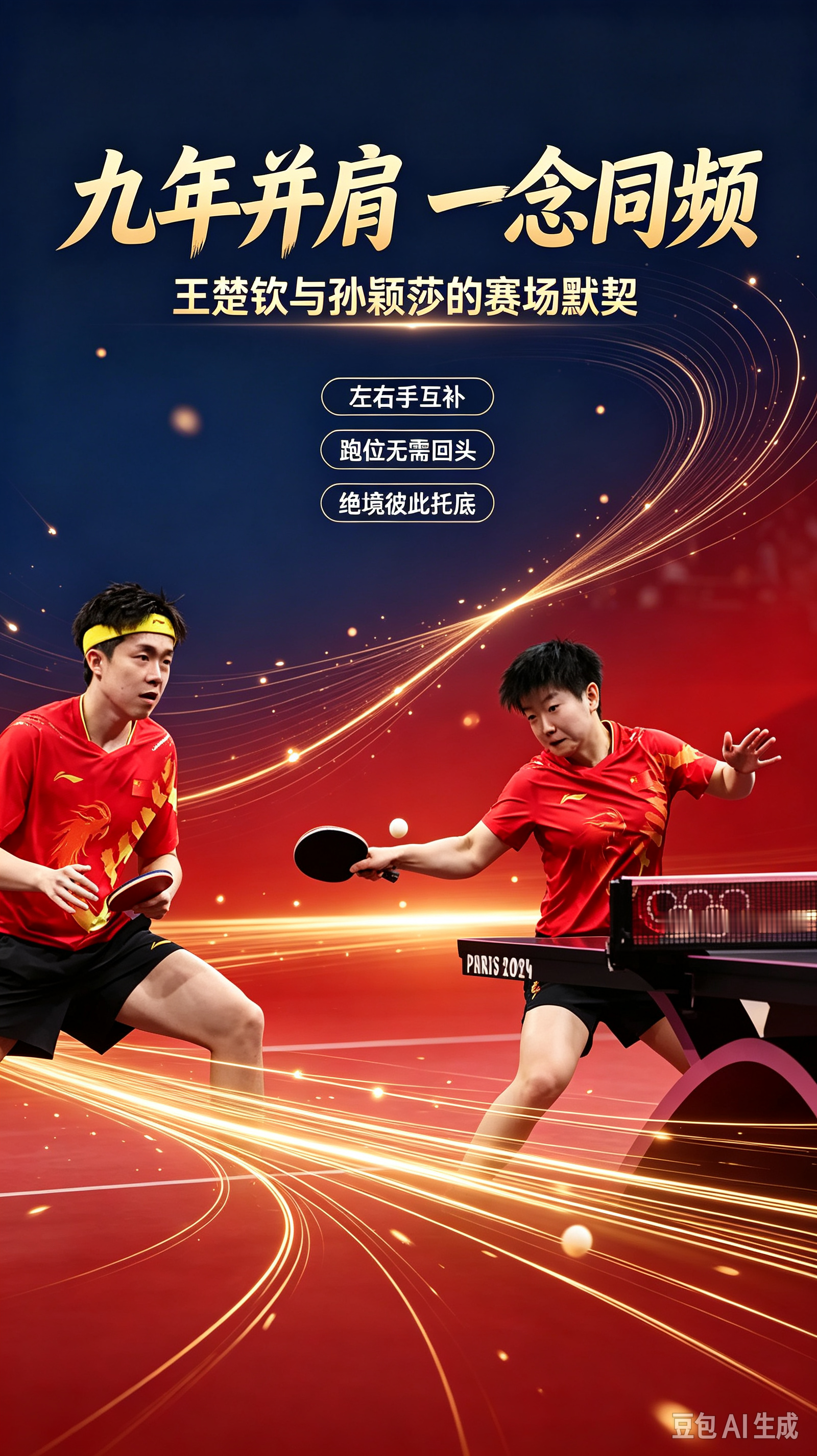 九年并肩，一念同频——王楚钦与孙颖莎的赛场默契
 
在世界乒坛的混双赛场，王楚钦与孙颖莎组成的莎头组合，被无数解说与球迷称作混双天花板。这份让人惊叹的默契，并非一朝一夕速成，而是从2017年亚青赛初次搭档开始，历经九年上万小时的训练、无数次国际大赛的淬炼，沉淀出独属于他们的赛场同频。一左一右的持拍配