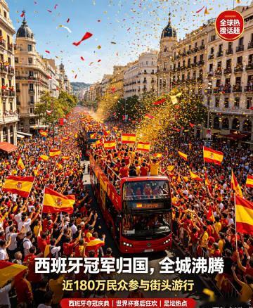 西班牙国家队夺冠归国举办全城庆典，近180万民众上街参与游行，相关内容...