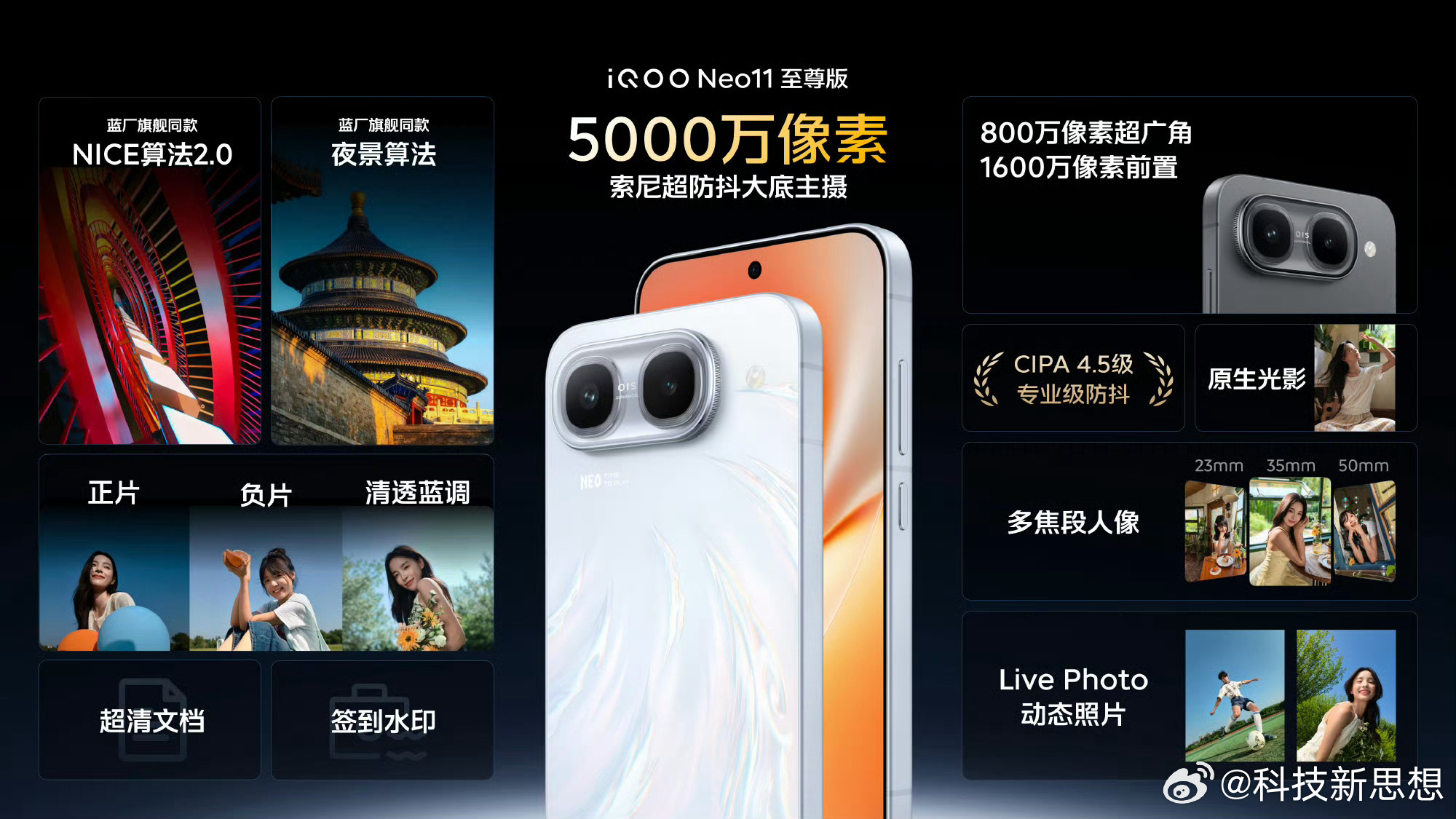#iqoo[超话]##iQOO Neo11 至尊版#，影像胜不可挡

📷 5000万索尼超防抖大底主摄，光学防抖+人眼仿生，随手定格清晰稳定。

✨ NICE算法2.0，光影更自然，色彩更真实。

🎯 经典人文焦段全覆盖，每个焦段都是好构图。

🎞️ 正片/负片/清透蓝调，三种胶片风格，张张有情绪。

🌓 全新原生光影， ​
