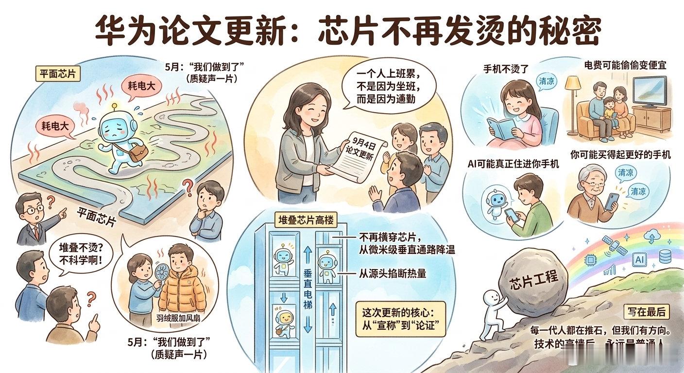 #华为何庭波再更新韬定律论文#
铁娘子再次推石：华为更新的是论文，降温的是我们的生活。

华为这次论文更新，终于把"芯片叠起来不烫"的原理说清楚了

今年5月，华为扔出一颗炸弹：我们把芯片像折纸一样叠起来，不仅没烧坏，反而更省电。

整个行业都懵了。

堆叠芯片不烫？这不科学啊。就像有人说冬天 ​