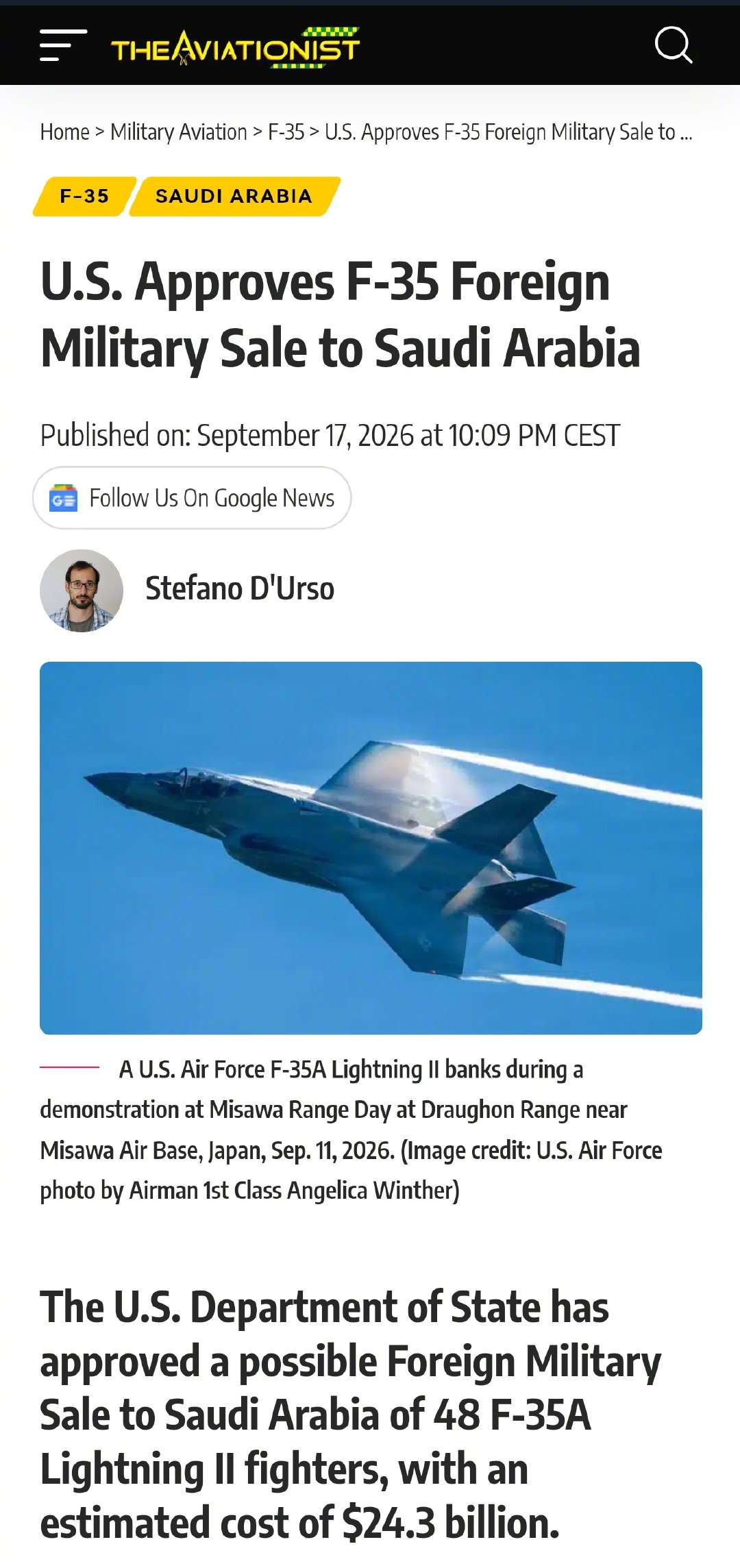 美国国务院已批准向沙特阿拉伯出售48架F-35A“闪电”II战斗机，估计成本为243亿美元。#烽火问鼎计划# ​