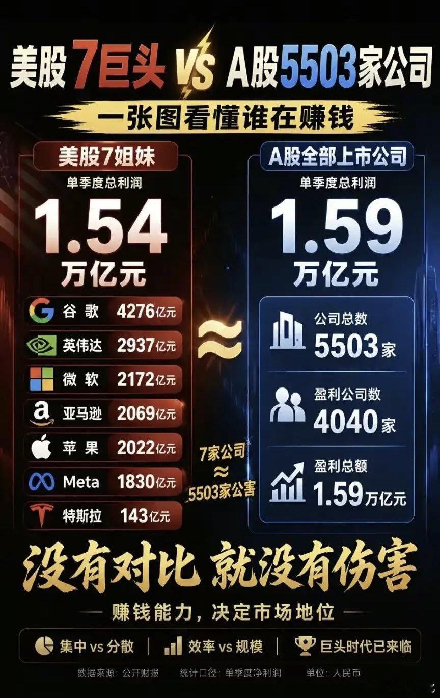 美股七姐妹的盈利约等于全部A股上市公司的盈利。 ​