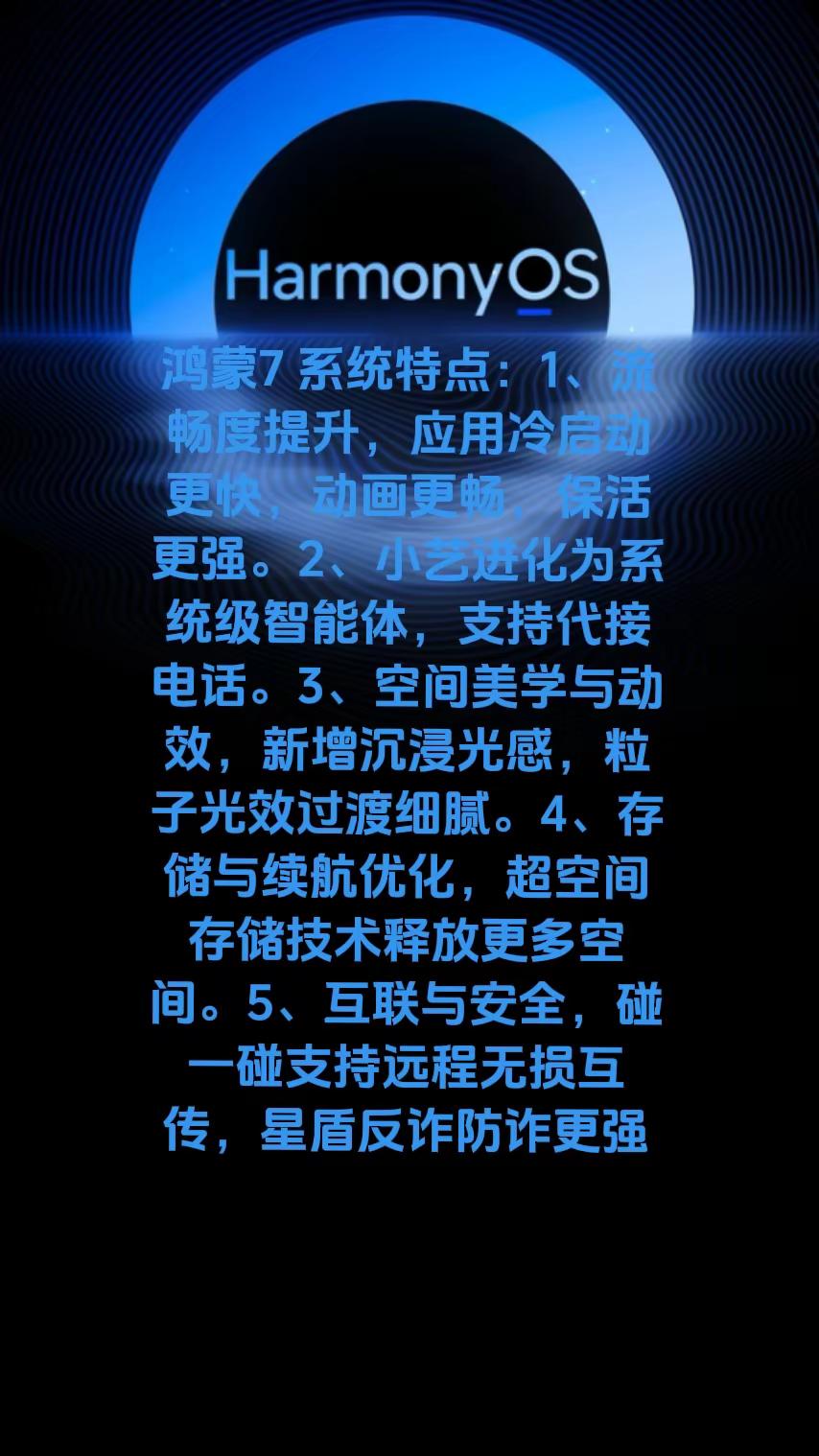 鸿蒙7 系统特点：1、流畅度提升，应用冷启动更快，动画更畅，保活更强。2、小艺进化为系统级智能体，支持代接电话。3、空间美学与动效，新增沉浸光感，粒子光效过渡细腻。4、存储与续航优化，超空间存储技术释放更多空间。5、互联与安全，碰一碰支持远程无损互传，星盾反诈防诈更强。鸿蒙7
