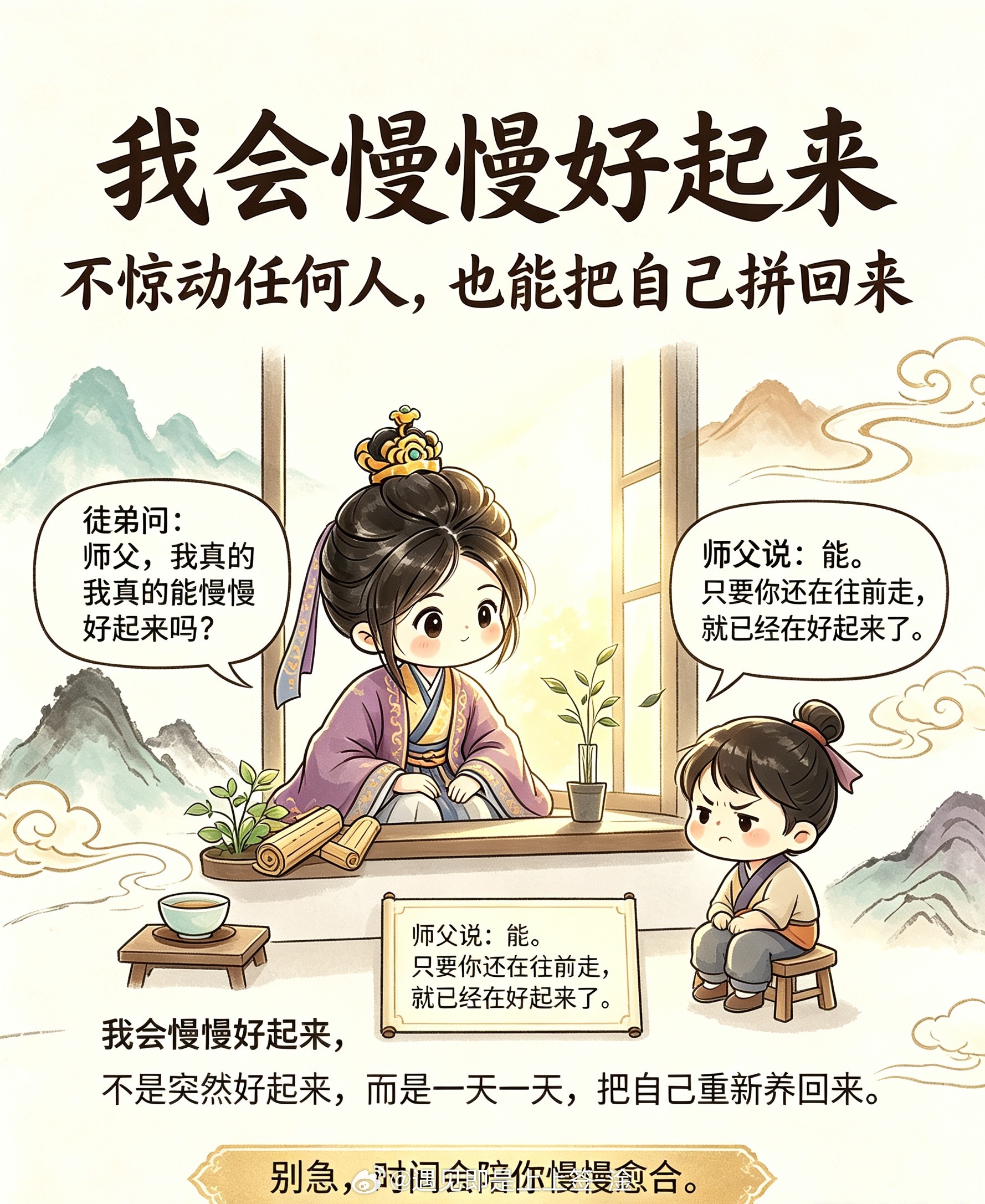 👧徒弟：师父，什么时候才能熬过去啊，我好像一直很难受。🧓师父：不必急着一下子痊愈。👧徒弟：可是我好想快点好起来。🧓师父：变好从来都不是一瞬间的事，不是旁人几句安慰就能释怀。你要安静沉淀，慢慢修复，不惊动旁人，悄悄把破碎的自己一点点拼回来。心稳住了，日子自然会慢慢向阳。💫：允许一切缓慢发生，你终会慢慢好起来。婚外情出轨婴灵超度