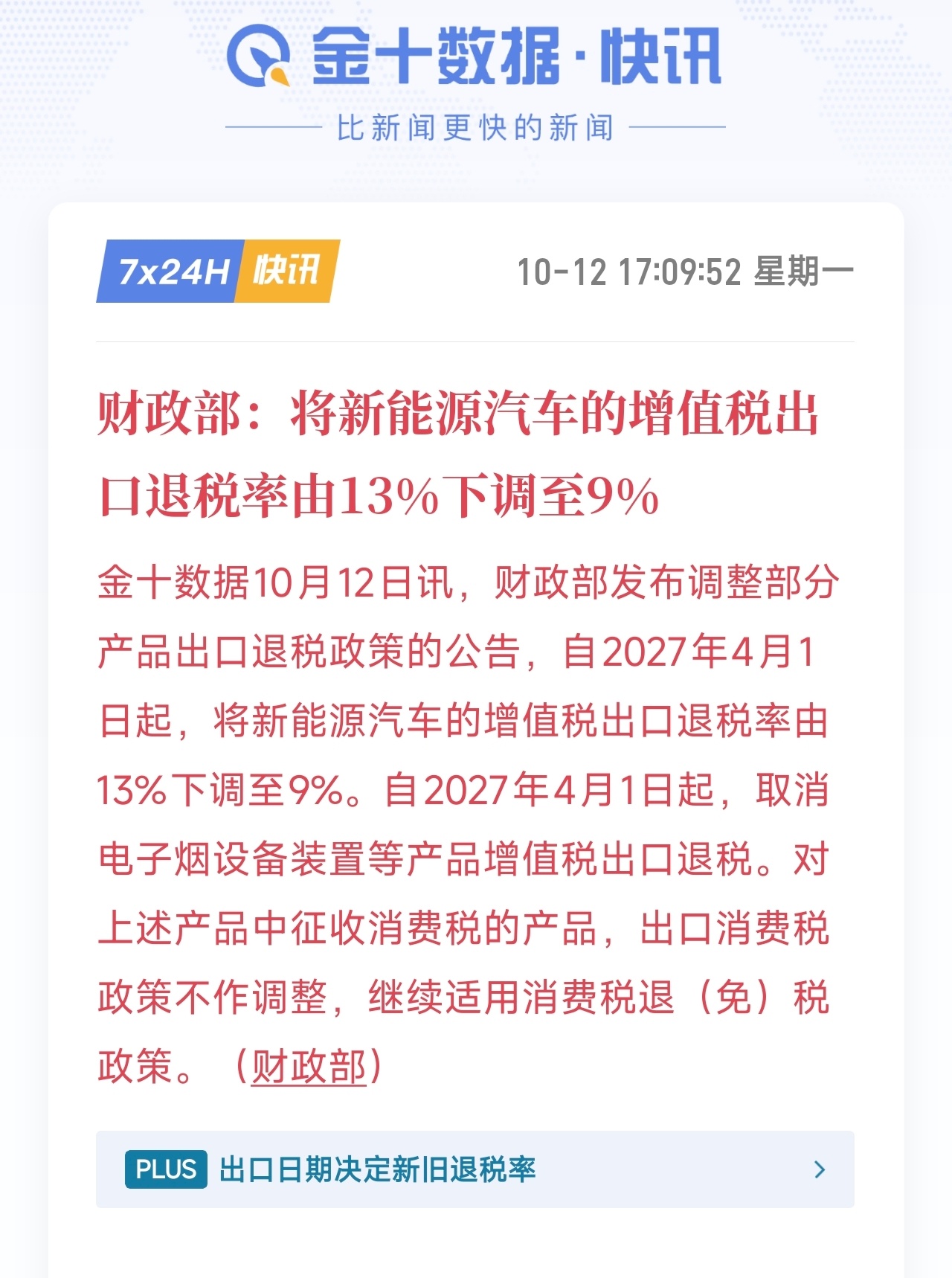 自2027‑04‑01起，新能源汽车出口退税率由13%下调至9%，同时取消电子烟设备出口退税。
 
短期来看，该政策属于远期落地，不会立刻冲击市场；中长期会小幅压缩相关车企出口利润，倒逼车企提升产品溢价、优化海外布局。
黄金层面，这条消息和贵金属盘面关联性偏弱，不会改变当前技术主导的行情节奏，交 ​
