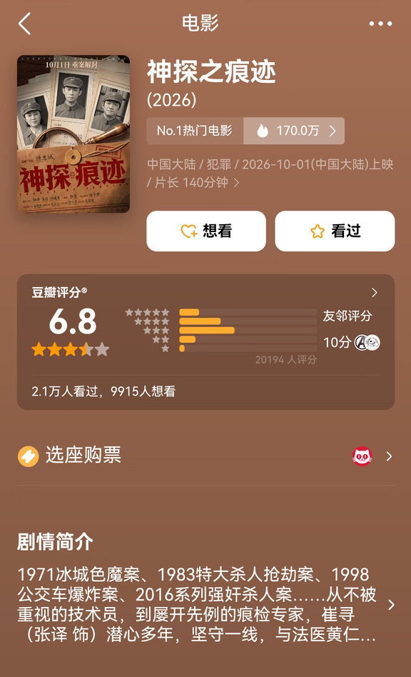 陈思诚《神探之痕迹》豆瓣开分6.8分，感觉低了一些。