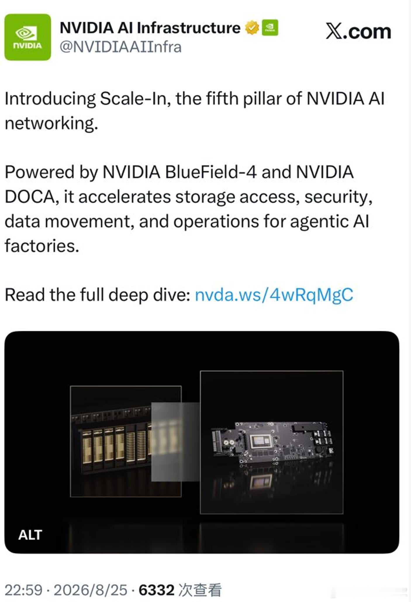 NVIDIA 最近提出了一个新的概念：Scale-In。

简单理解，过去大家讨论 AI 网络，主要是两个方向：

Scale-Up，解决 GPU/XPU 之间的互联，比如 NVLink；
Scale-Out，解决服务器、机架之间的互联，比如 Spectrum-X Ethernet 和 InfiniBand。

Scale-In 主要解决的是 AI 集群和外部数据之间的连接。

比如 ​