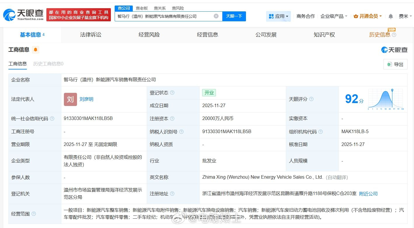 智马行（温州）新能源汽车销售有限责任公司于今日成立，法定代表人为刘彦明...