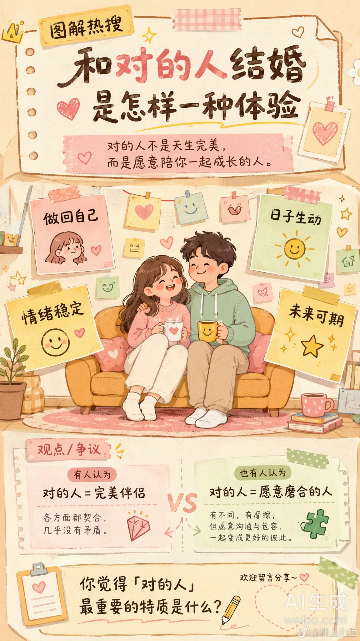 和对的人结婚是怎样一种体验这个话题看得人心软软的。和对的人结婚，大概就是——✨ 你可以做回自己不用伪装、不用讨好，素颜、任性、犯傻都被全盘接纳。对方甚至比你自己还接纳你。✨ 情绪越来越稳定不是麻木，是被好好爱着之后的踏实。事事有回应，说话有人听，委屈有人哄。✨ 平凡的日子变得生动两个人一起吃吃喝喝、到处逛逛，哪怕只是窝在沙发里，也觉得这世界很温柔。✨ 对未来有了期待不是因为生活变完美了，而是因为知道，无论发生什么，身边有个人会和你一起扛。当然，对的人不是「天生完美」，而是愿意和你一起成长、互相成全的那个人。所以，你觉得「对的人」最重要的特质是什么？情感热点创作激励计划情感态度表达