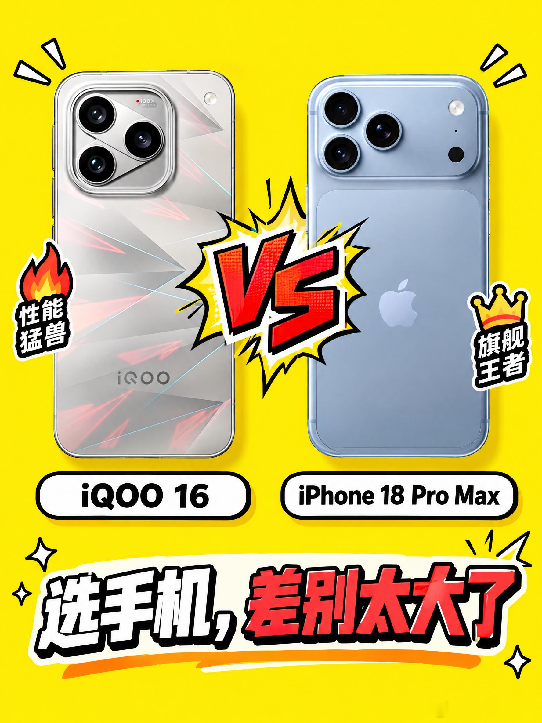 双旗舰硬核对比！找准需求不踩坑 
高端旗舰两大主流取向对决！iQOO 16和iPhone 18 Pro Max精准对应电竞极致体验与全能稳定日用，没有绝对的优劣，只是适配人群不同。从屏幕观感、性能调度、续航配置三大核心维度拆解，结合日常办公、户外休闲场景，帮你精准锁定适配自己的机型✅ 
📌 iQOO 16｜户外电 ​