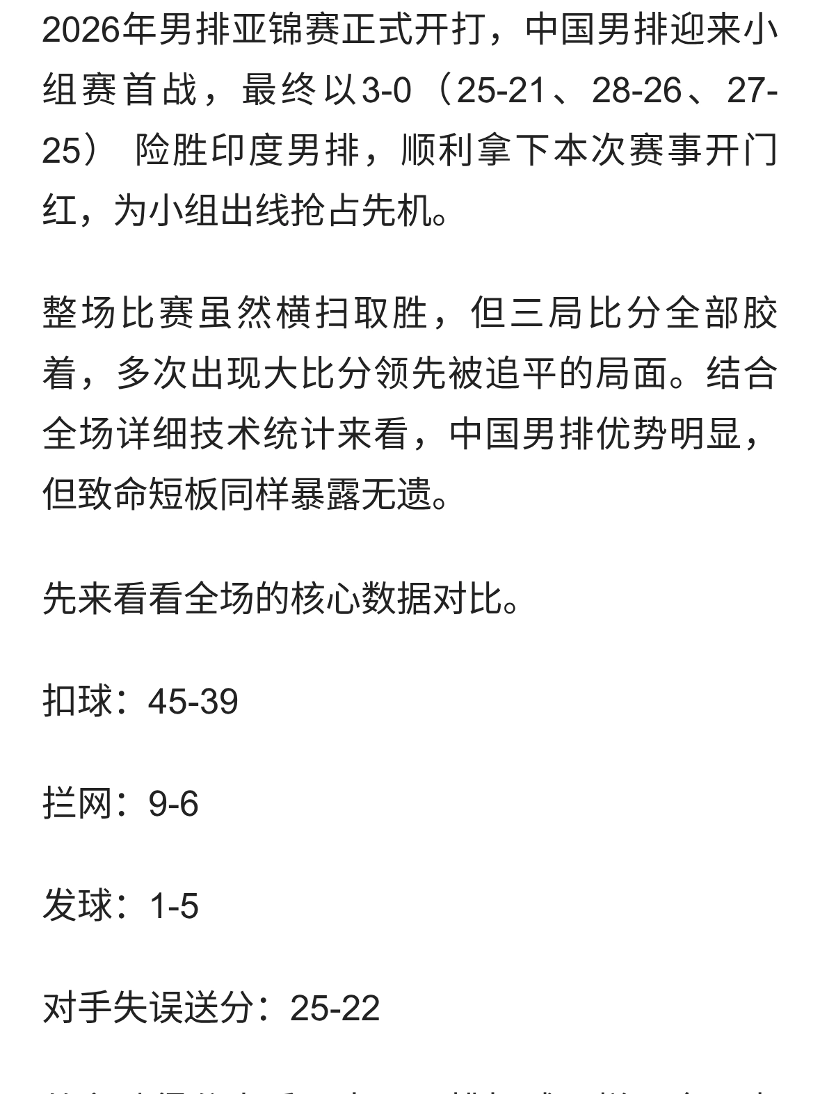 开门红背后藏隐患！中国男排3:0印度技术统计出炉，看看队员表现
